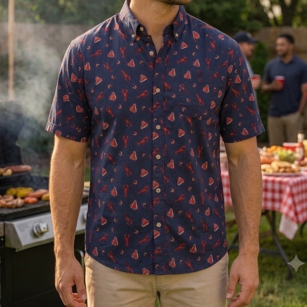 Duluth Trading Co Mens Navy Surf and Turf Lobster Steak Shirt Slim Fit Large